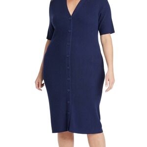 AVA & VIV Womens 2X Navy Blue Ribbed Knit Short Sleeve Button Cardigan Dress